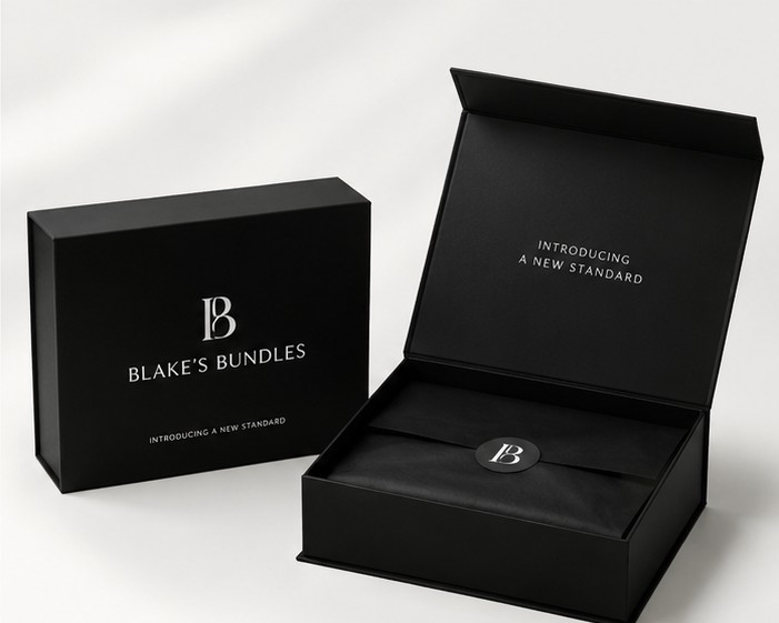 Blake's Bundles matte black magnetic gift box with silver foil logo and satin tissue