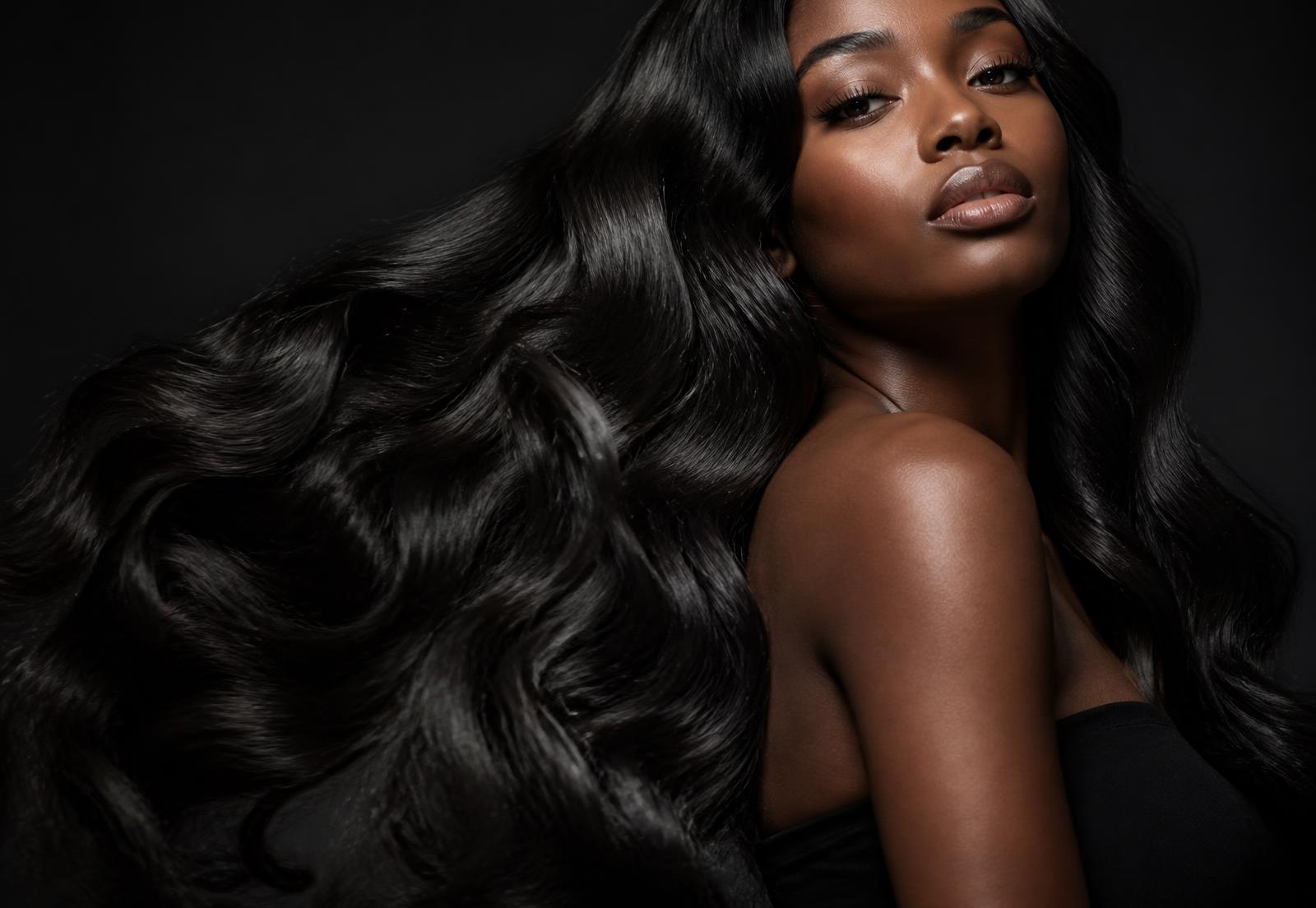 Model with long, glossy raw wavy hair extensions in motion
